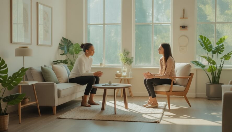 A therapist and client having a supportive conversation in a bright, comfortable counseling office with plants and natural light.