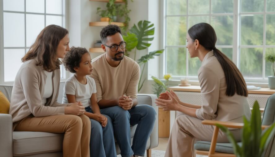 A therapist talking with a family of three in a bright, comfortable counseling room.