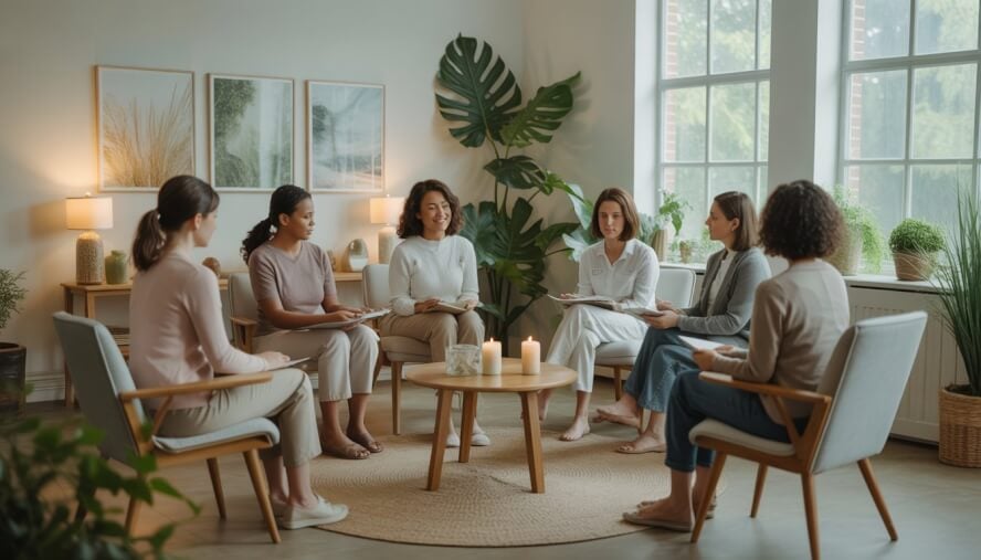 A group of women participating in a supportive therapy session in a bright, calming room with plants and natural light.