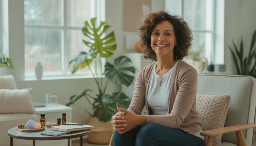 A warm therapy office with a smiling female therapist sitting comfortably, surrounded by plants and calming decor.