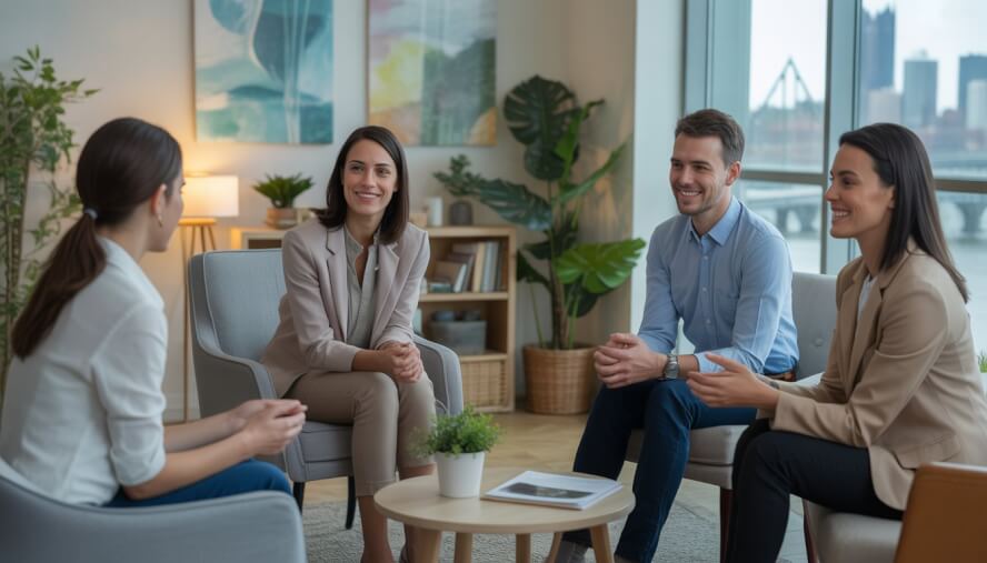 A diverse group of therapists in a bright, comfortable office with a view of Pittsburgh, engaged in a supportive discussion.