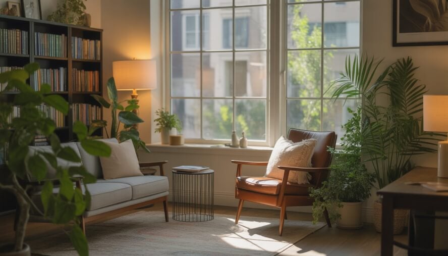 A calm therapy office with comfortable seating, plants, and a bookshelf in a softly lit room with a window showing an urban neighborhood.