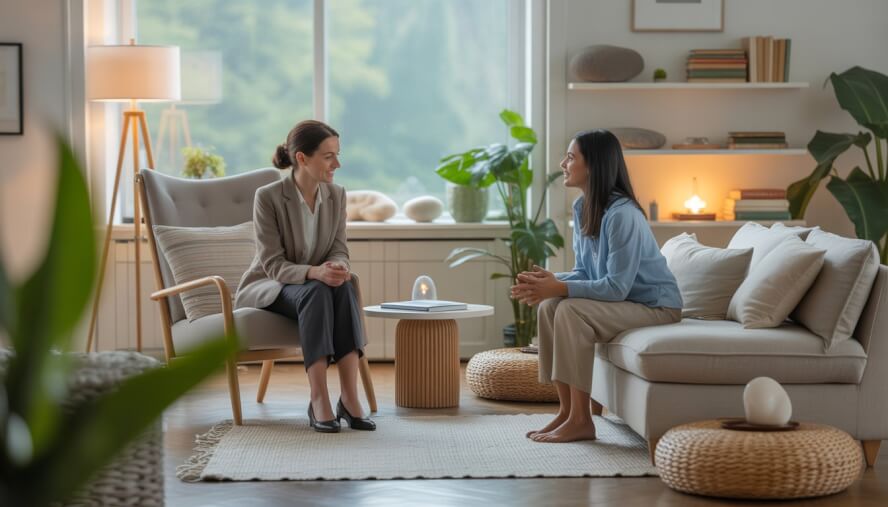 A therapist attentively listening to a client in a bright, calming therapy room with comfortable seating and plants.