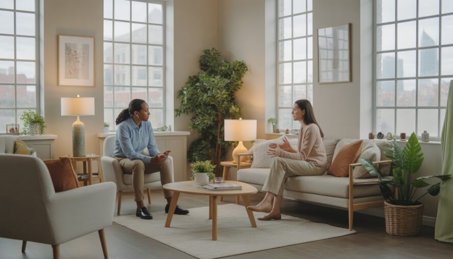 A therapist and client in a bright, comfortable therapy room with plants and calming decor, engaged in a supportive conversation.