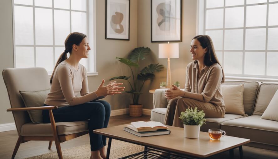 A therapist and client having a calm conversation in a bright, comfortable counseling office with plants and soft furniture.