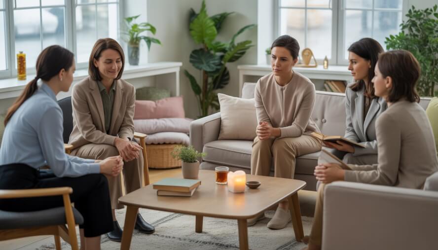 A calm therapy office with therapists and clients in a supportive counseling session surrounded by plants and cozy furniture.