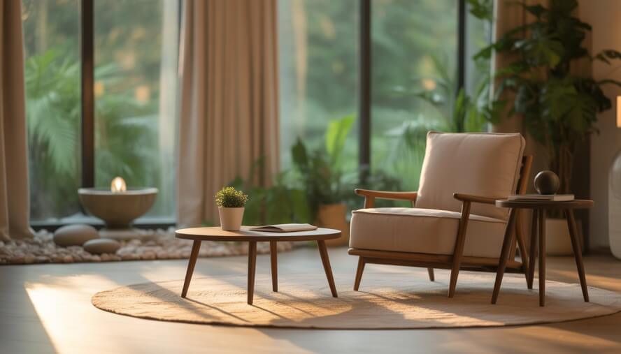 A calm therapy office with a comfortable chair, small table with a plant, and natural light coming through a window.