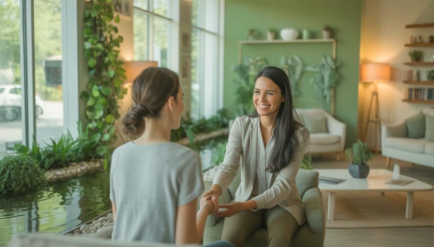 A therapist warmly greeting a client in a bright wellness center with plants and calming decor.