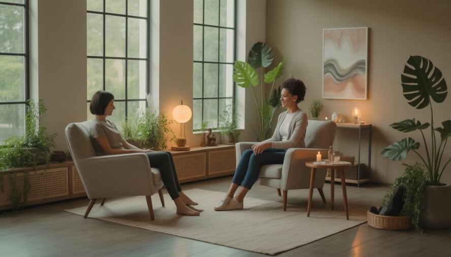 A therapist and client in a calm therapy room with natural light, plants, and comfortable chairs, creating a peaceful and welcoming atmosphere.