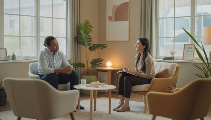 A therapist and client in a calm, well-lit therapy office with comfortable seating and plants.