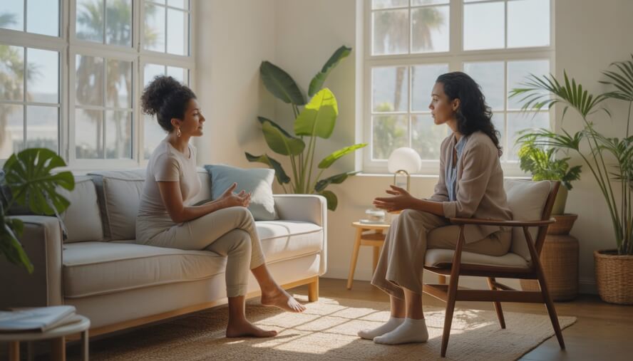A therapist and client having a calm conversation in a bright therapy office with plants and natural light.