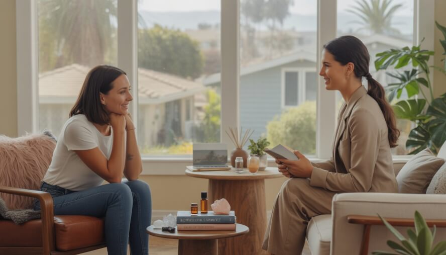 A therapist attentively listening to a client in a cozy therapy office with large windows showing a neighborhood outside.