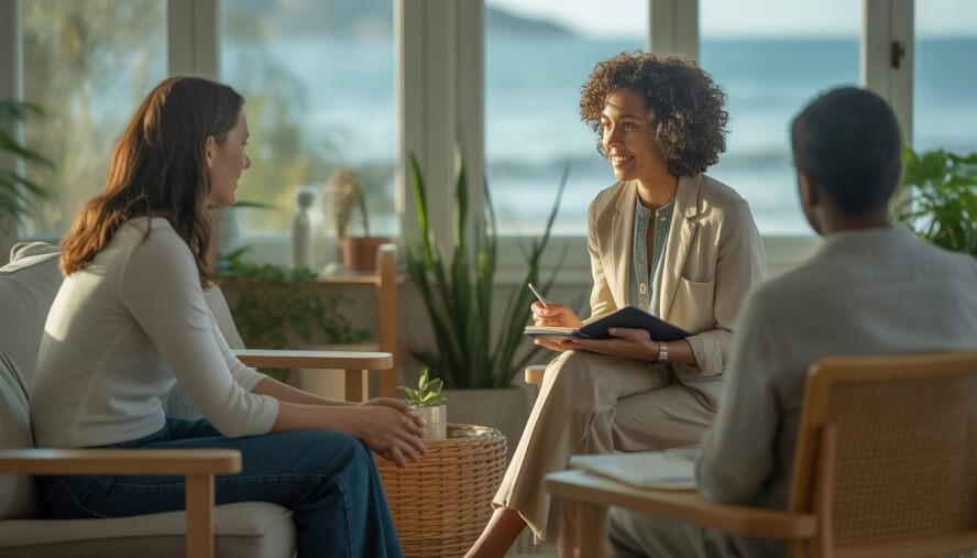 A therapist and patient having a calm conversation in a bright, comfortable therapy office with plants and natural light.