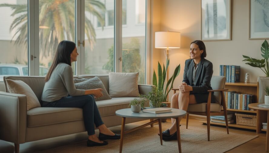 A female therapist attentively listening to an adult client in a bright, comfortable therapy office with plants and books.
