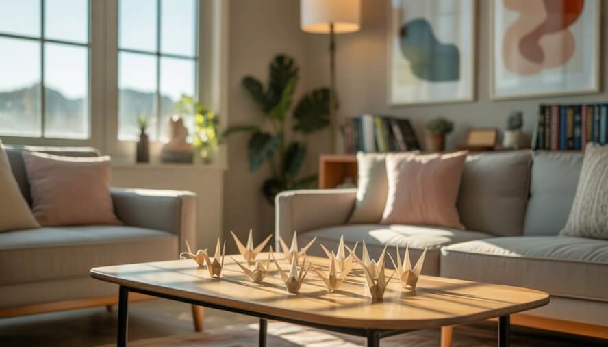 A calm therapy office with comfortable seating, paper cranes on a wooden table, plants, bookshelves, and soft natural light.