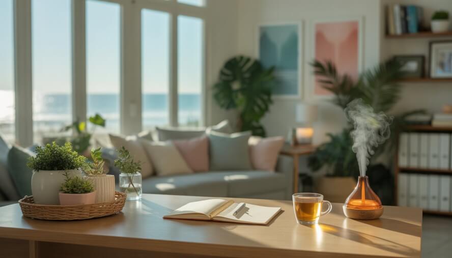 A peaceful therapy office with natural light, comfortable seating, plants, and calming decor overlooking the Long Beach coastline.