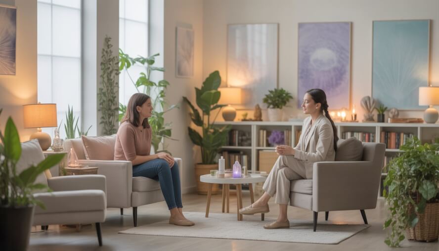 A therapist and client in a bright, calming therapy room with plants and healing elements, creating a peaceful environment.