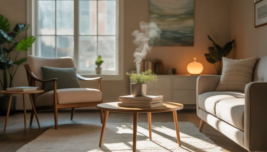 A calm therapy office with comfortable seating, natural light, plants, and books creating a peaceful and welcoming atmosphere.