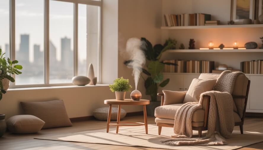 A calm therapy room with a comfortable armchair, plants, bookshelves, and a window showing a faint cityscape.