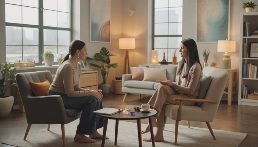 A therapist and client talking in a bright, comfortable therapy room with plants and calming decor.