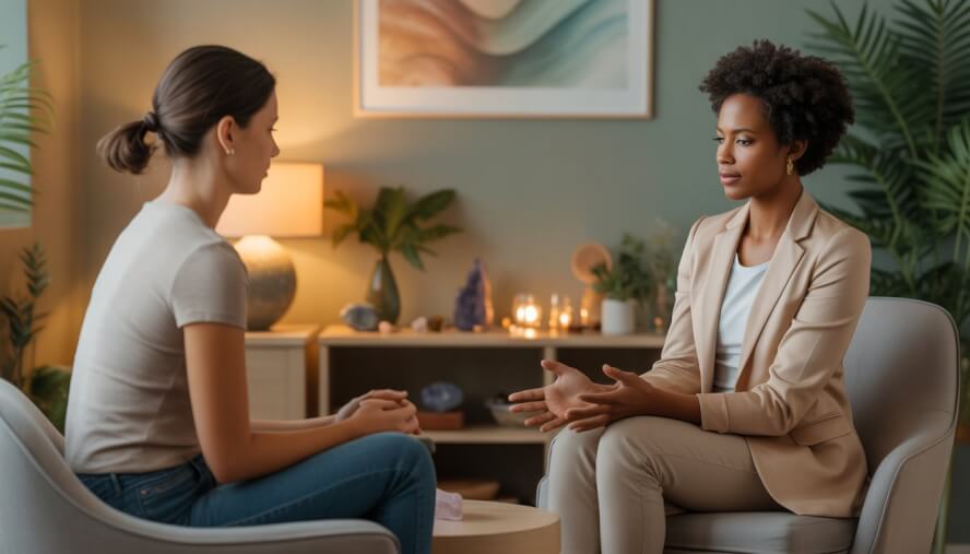 A therapist and client sitting in a cozy therapy room with plants and calming decor, engaged in a supportive conversation.