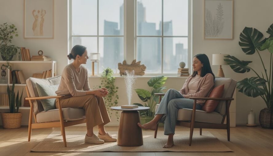 A therapist and a young adult client talking in a bright, cozy counseling office with plants and a view of the Detroit skyline.