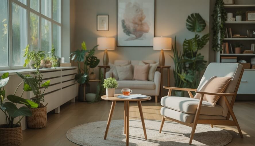 A calm and cozy therapy room with natural light, plants, and a comfortable chair, creating a welcoming atmosphere.