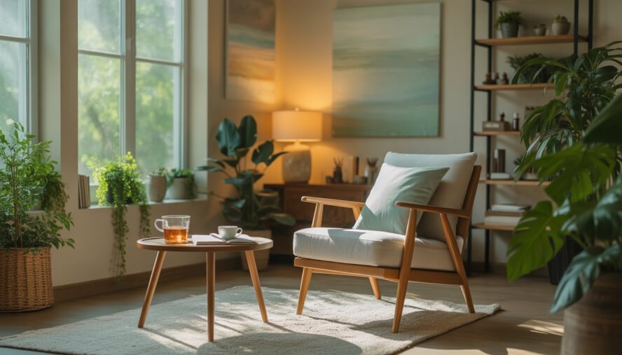 A peaceful therapy office with a comfortable chair, plants, and a small table with a cup of tea in a softly lit room.