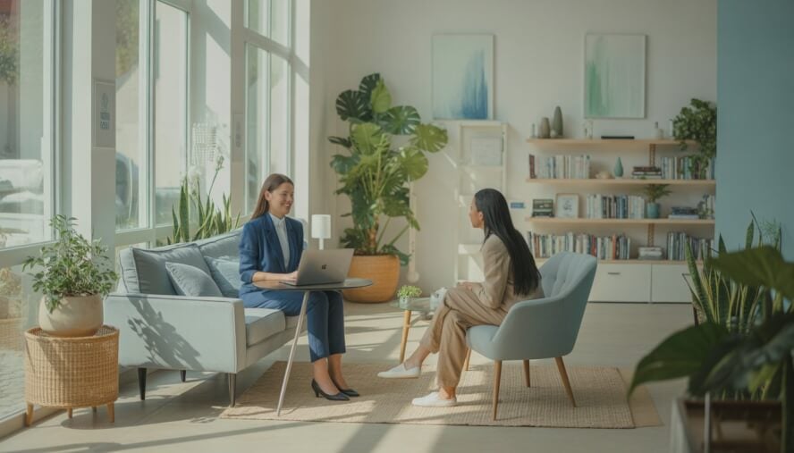 A therapist warmly speaking with a client in a bright, modern therapy center reception area with plants and natural light.