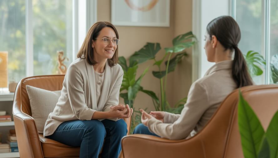 A therapist attentively listening to a client in a bright, comfortable therapy office with plants and natural light.