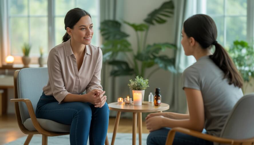 A female holistic therapist attentively listening to a client in a calm, sunlit therapy room with plants and soothing decor.