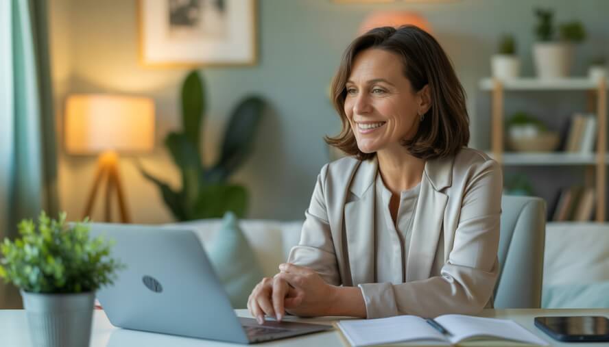 A licensed clinical social worker smiling and sitting at a desk with a laptop in a cozy home office during a virtual therapy session.