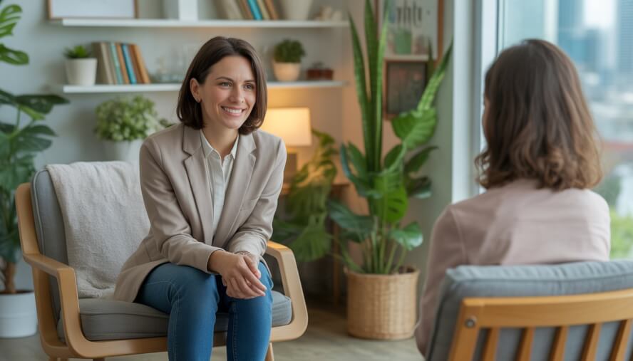 A female therapist speaking with a client in a comfortable office with plants and books, with a window showing a city view in the background.