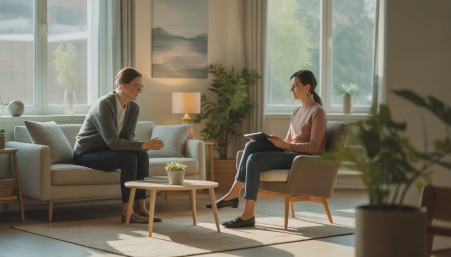 A therapist and client having a calm conversation in a bright, comfortable therapy room with plants and soft seating.