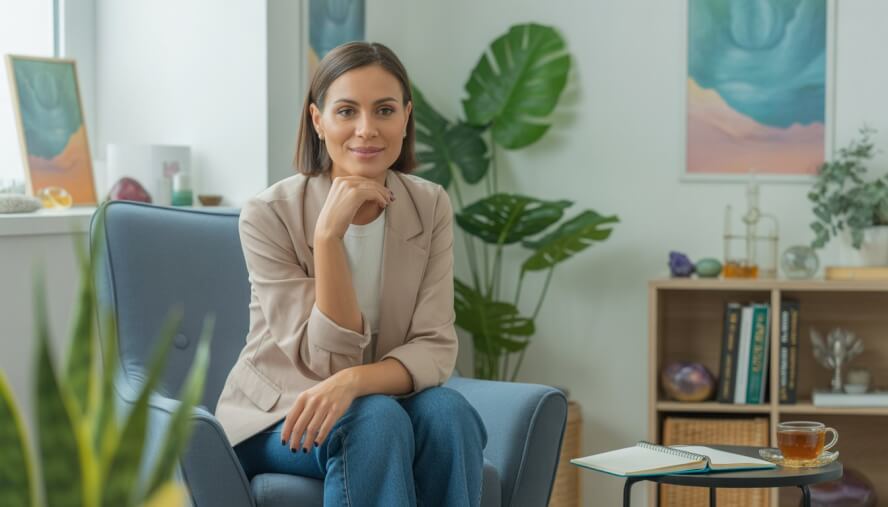 A female counselor sitting in a bright therapy office with plants and calming decor, looking calm and approachable.