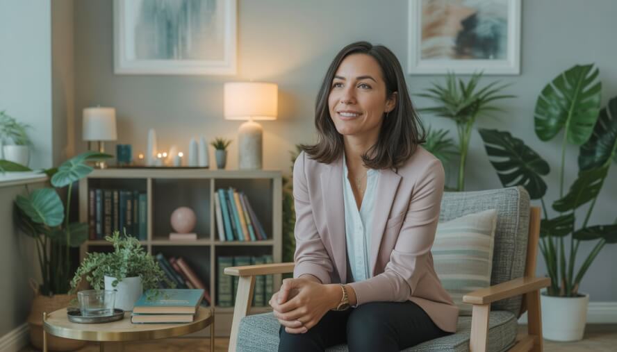 A female therapist sitting in a cozy office with plants and calming decor, smiling warmly.