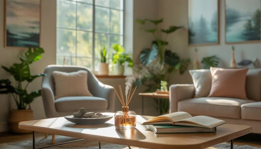 A calm therapy room with natural light, comfortable seating, green plants, and peaceful decor creating a welcoming atmosphere.