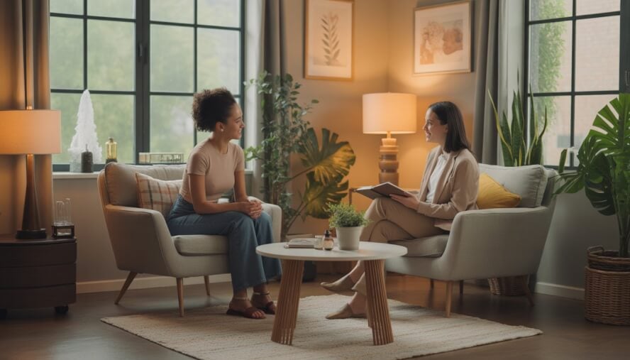 A therapist and client having a supportive conversation in a cozy therapy office with plants and soft natural light.