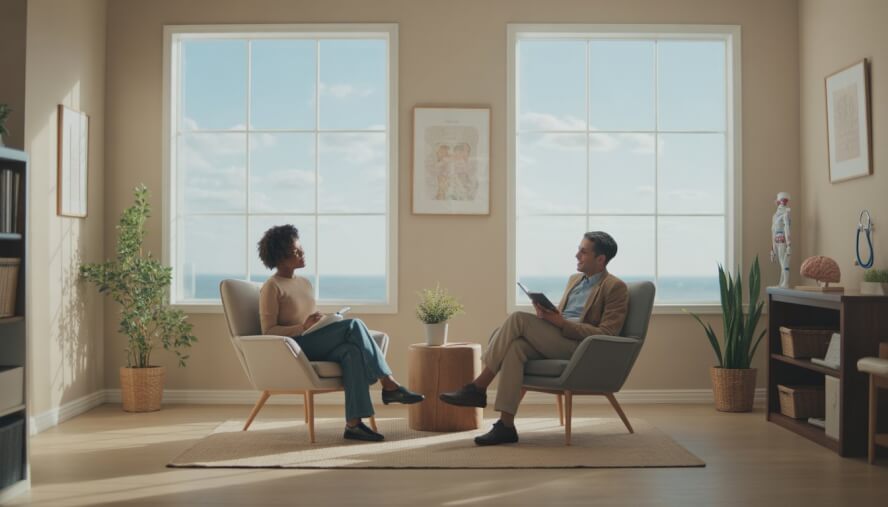 A therapist and client sitting in a bright, comfortable therapy room with plants and large windows showing clear skies outside.