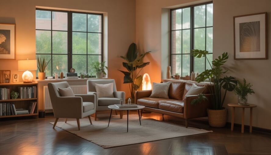 A calm therapy office with comfortable seating, plants, and soft natural light creating a welcoming atmosphere.