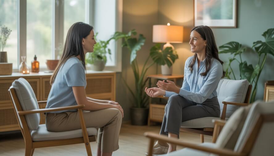 A therapist and client in a calm, plant-filled therapy room with natural light, engaged in a supportive conversation.