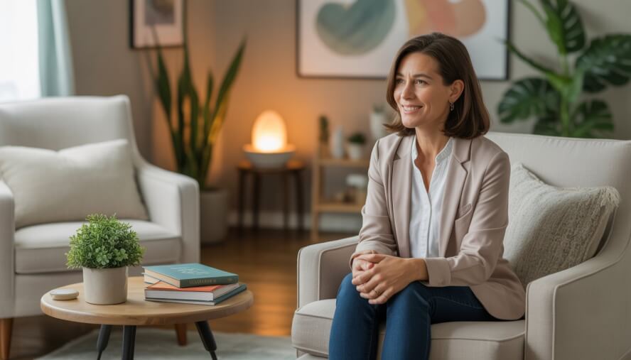 A therapist sitting in a calm, comfortable office with soft lighting and plants, creating a peaceful atmosphere for anxiety therapy.