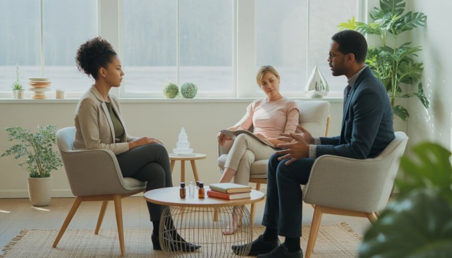 Two therapists attentively talking with a client in a bright, calm therapy room with plants and natural light.