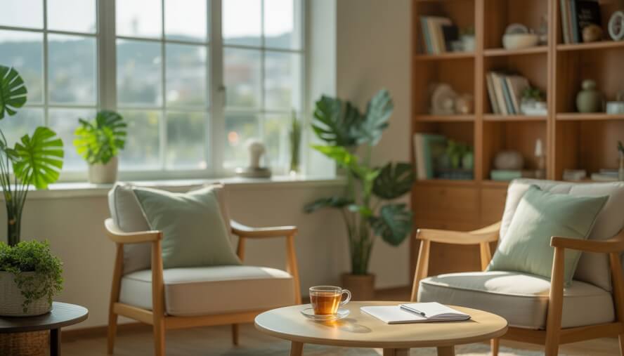 A calm therapy office with comfortable seating, plants, and soft natural light coming through a window showing an urban view.