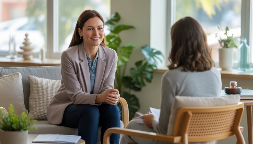 A female therapist attentively listening to an adult client in a bright and comfortable therapy office with plants and calming decor.