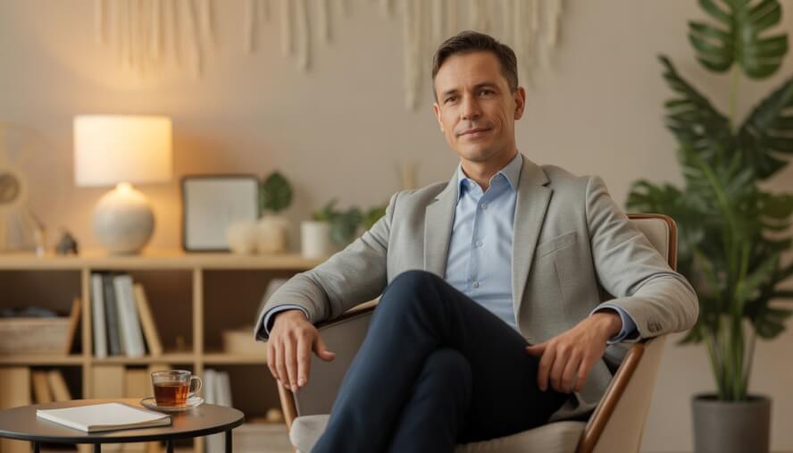A calm male therapist sitting in a comfortable office with plants and books, creating a welcoming and peaceful environment.