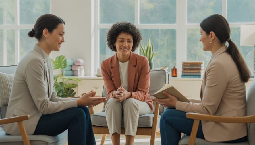 Three therapists and a client talking in a bright, comfortable therapy office with plants and calming decor.