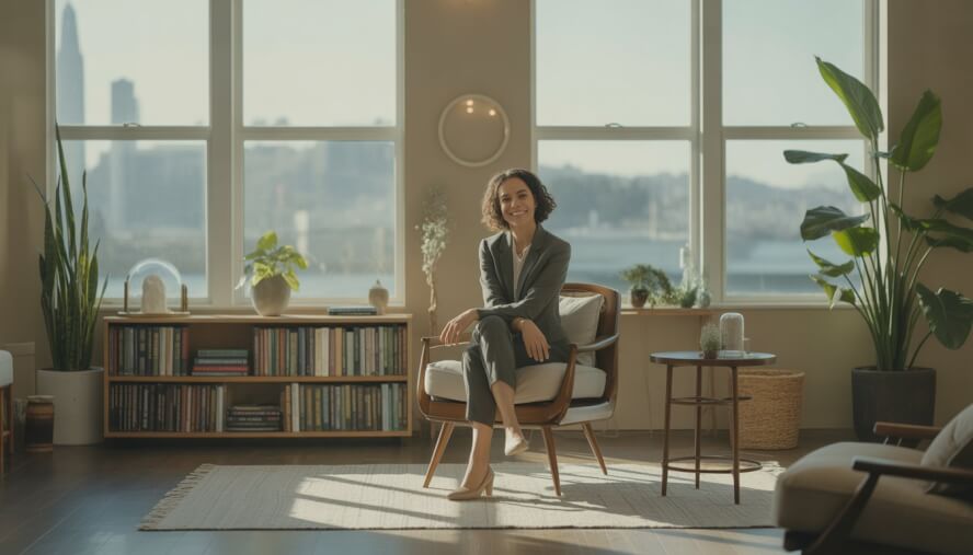 A female therapist sitting in a comfortable chair in a bright, peaceful therapy office with plants and a city view through large windows.