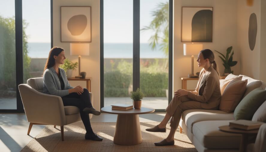 A therapist and client sitting in a bright, peaceful therapy room with plants and natural light, overlooking a garden and ocean view.