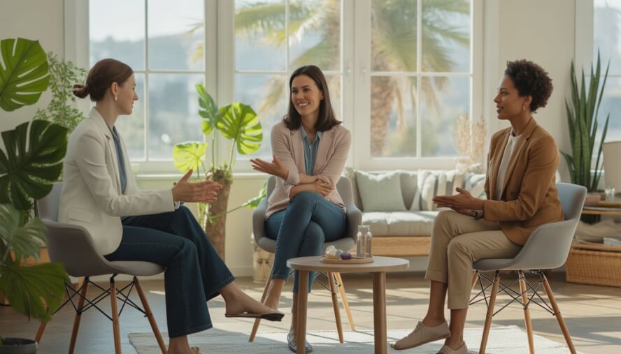 A group of therapists and a client having a calm conversation in a bright, comfortable therapy room with plants and sunlight.